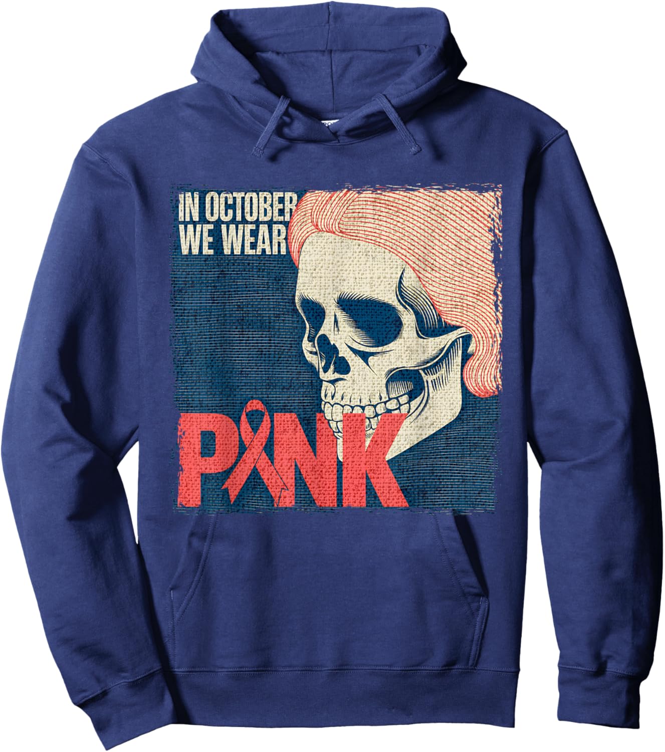 in October We Wear Pink Breast Cancer Awareness Month Skull Hoodie - Hoodie | Navy