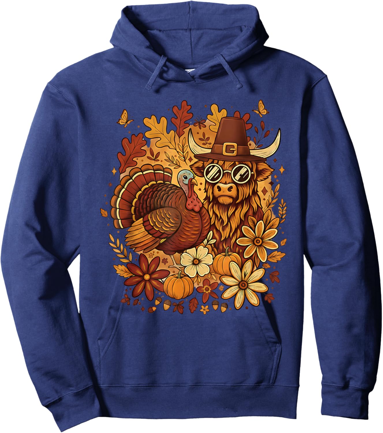 Retro Fall Highland Cow Turkey Autumn Pumpkin Thanksgiving Hoodie - Hoodie | Navy