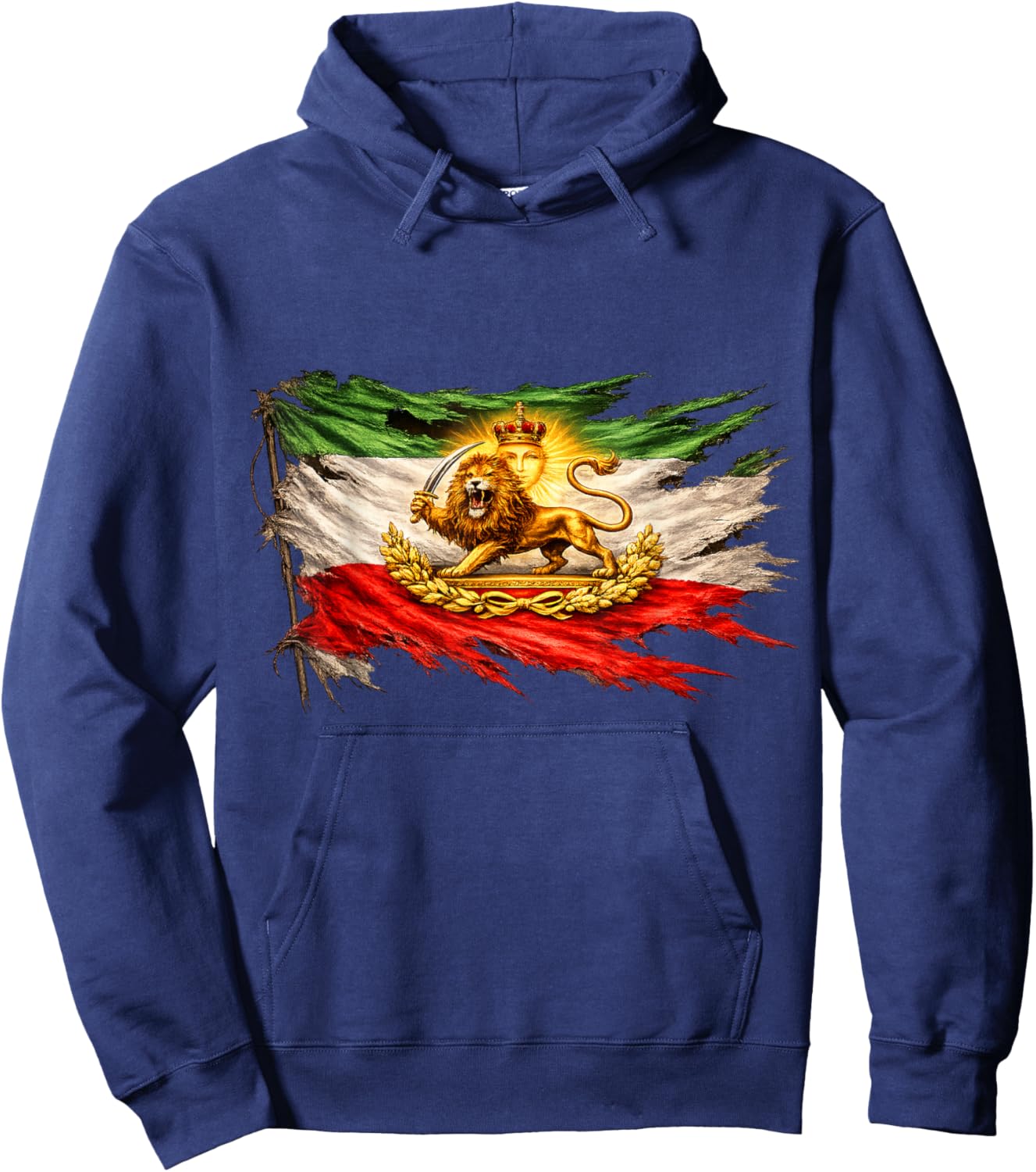 Iran Flag with Lion and Sun Emblem, Vintage Persian Heritage Hoodie - Hoodie | Navy