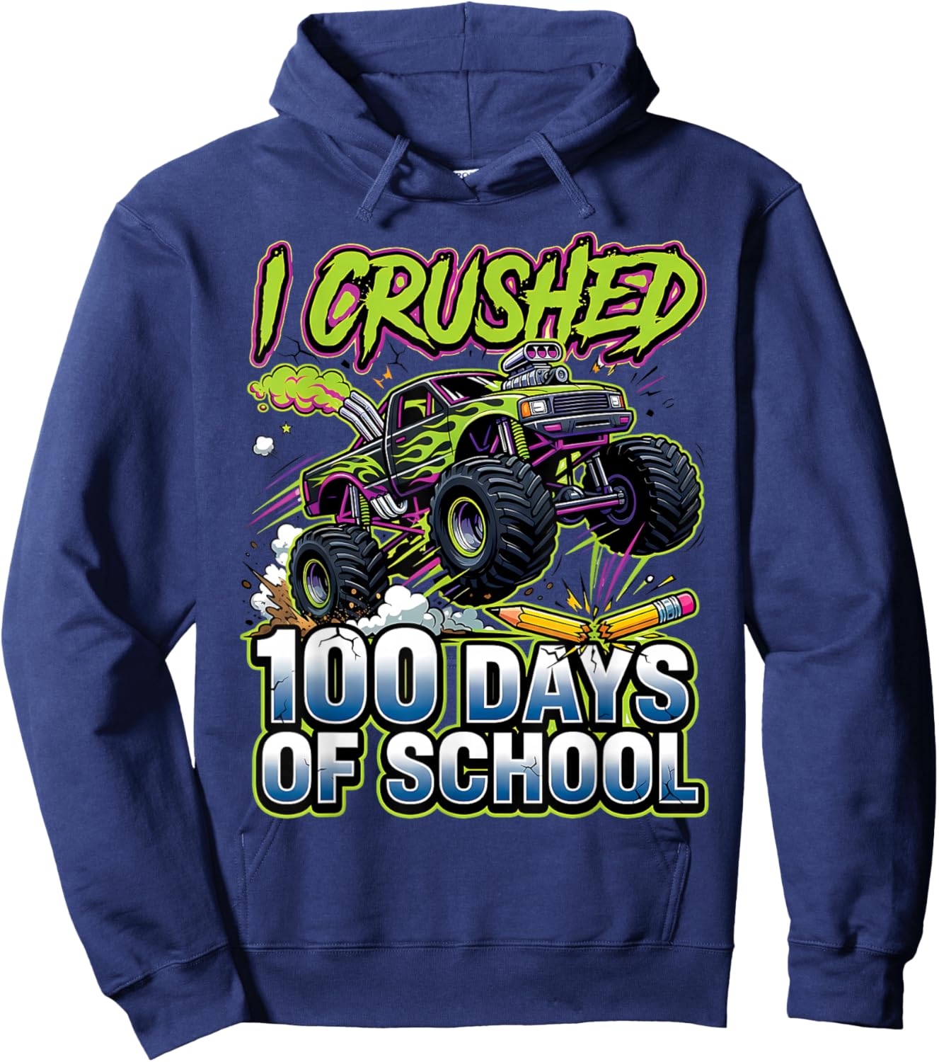 I Crushed 100 Days of School Monster Truck Boys Toddlers Kid Hoodie - Hoodie | Navy