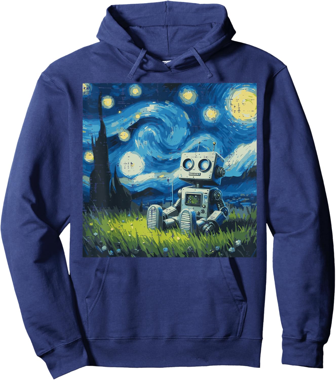 Starry Night Robot Funny Painting Art Meme Kids Men Women Hoodie - Hoodie | Navy