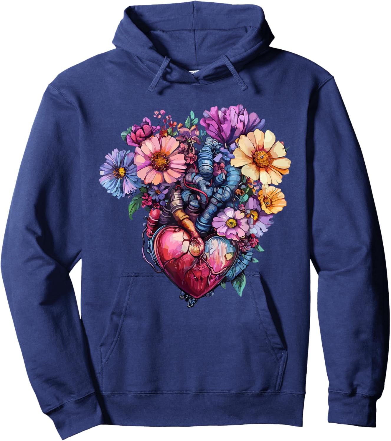 Anatomical Heart with Colorful Wildflowers Hoodie - Hoodie | Navy