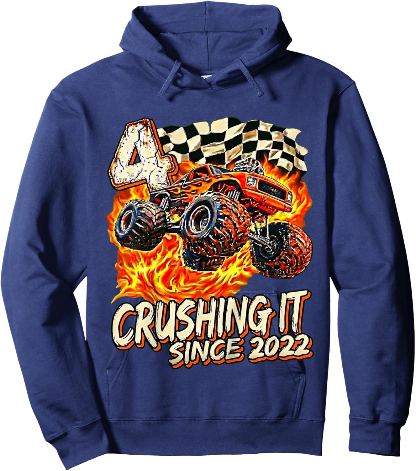Kids Birthday Monster Truck Boy 4 Year Old Crushing It Since 2022 Hoodie - Hoodie | Navy