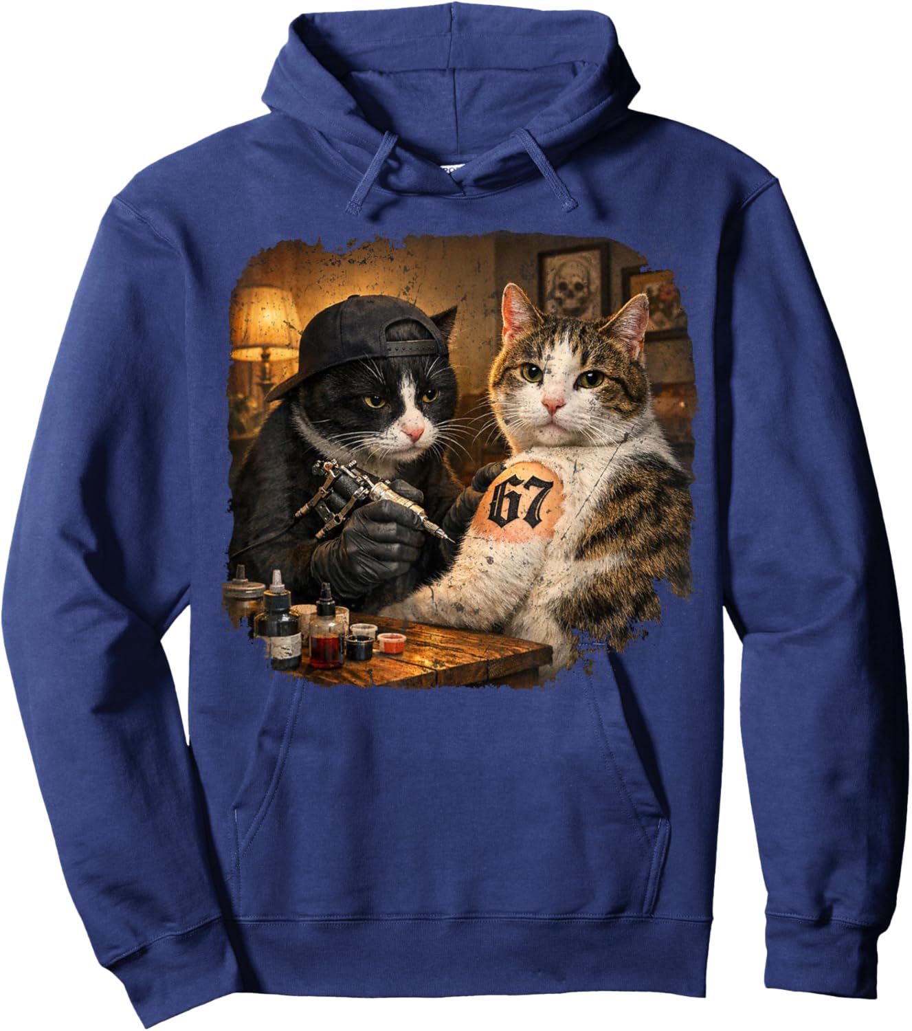 Vintage Cat Tattoo Inked Kitty Artist Funny 67 Meme Hoodie - Hoodie | Navy