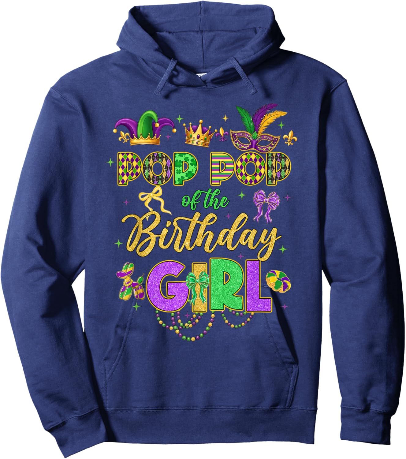 Pop Pop of The Birthday Girl Coquette Bow Mardi Gras Party Hoodie - Hoodie | Navy
