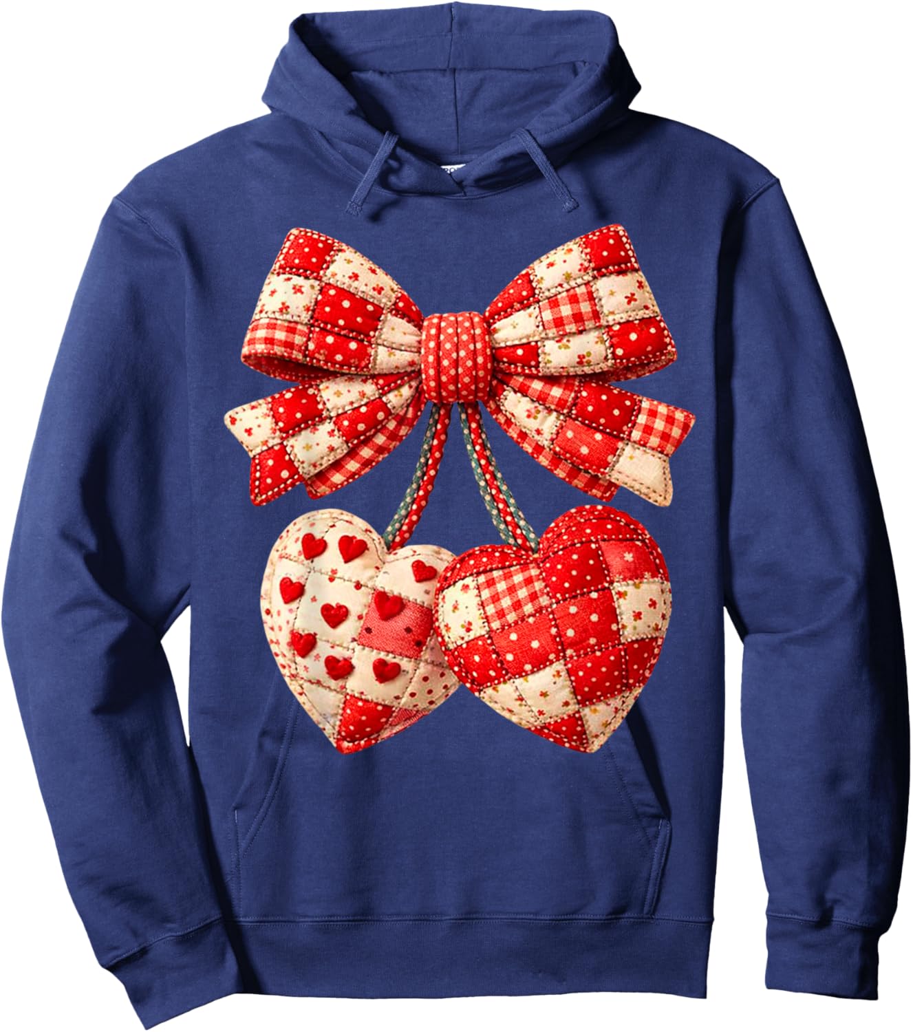Valentine Hearts Bow Patchwork Graphic Art Romantic Quilted Hoodie - Hoodie | Navy