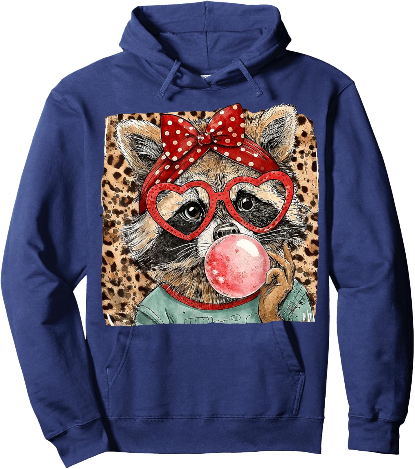 Vintage Leopard Racoon Bow Blowing Bubble Gum Valentine Hoodie - Hoodie | Navy