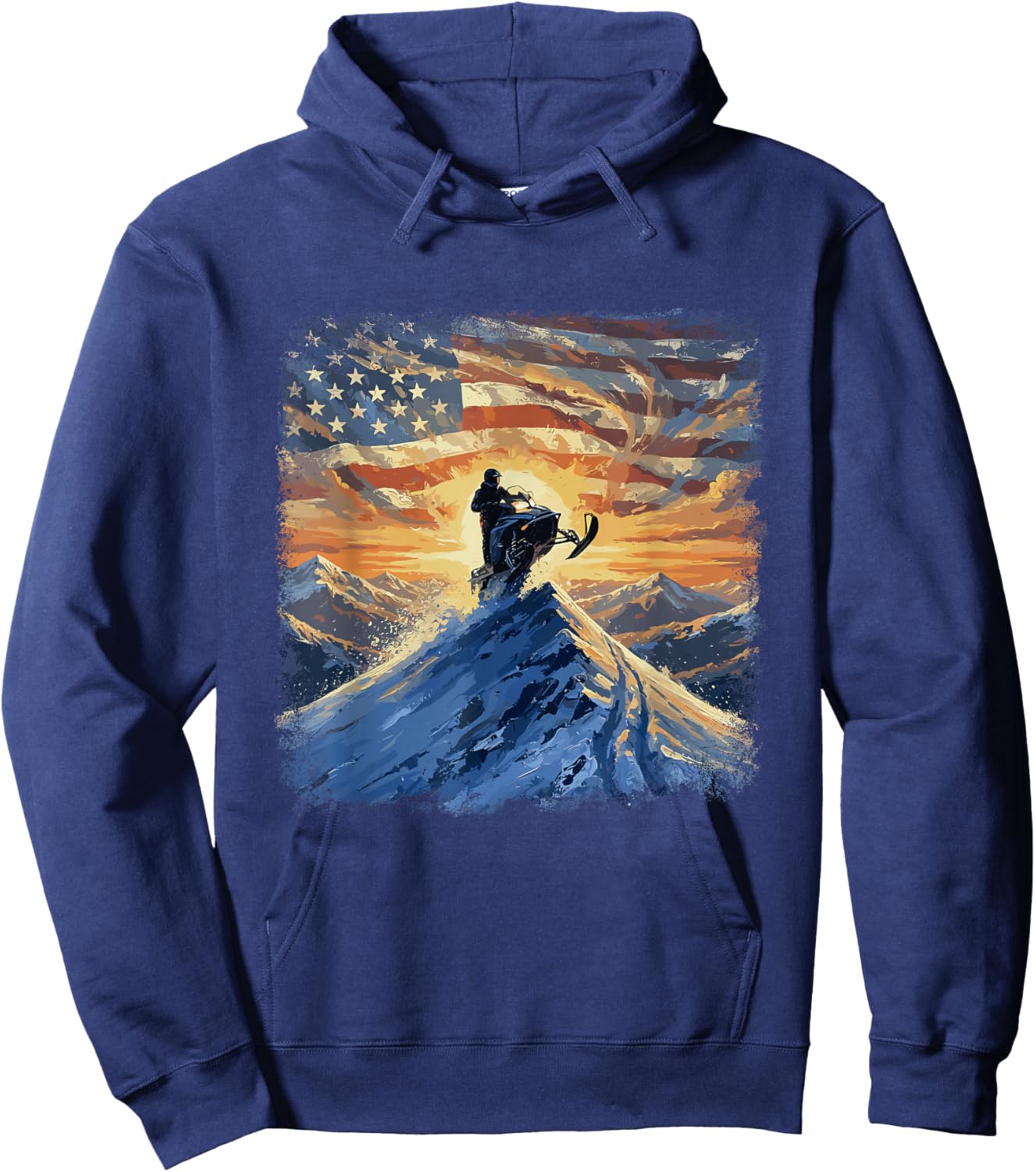 USA Flag Snowmobiling Mountain Sunrise Snowmobile Rider Hoodie - Hoodie | Navy