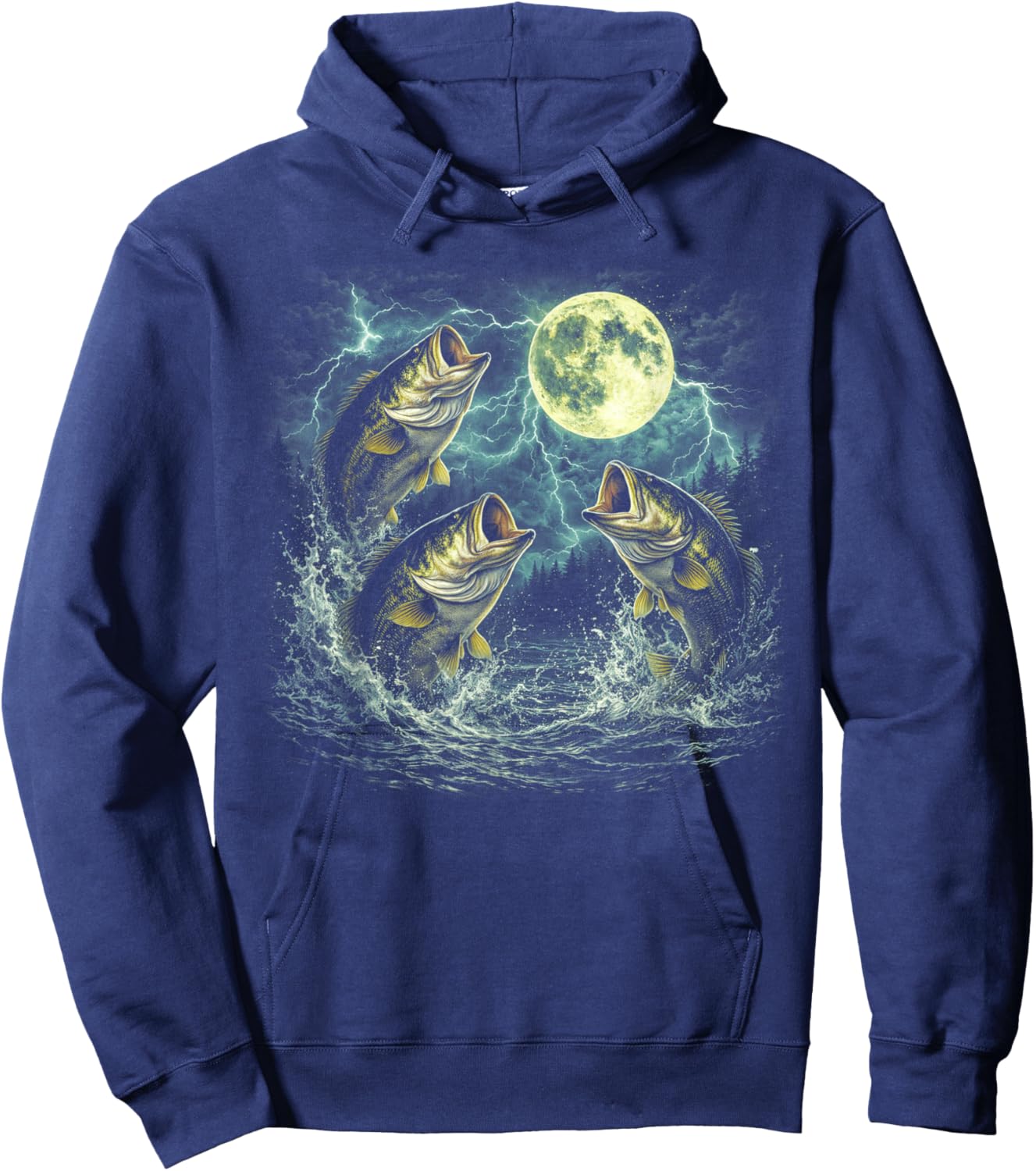 Bass Fish Howling at The Moon 90s Vintage Bass Fishing Hoodie - Hoodie | Navy