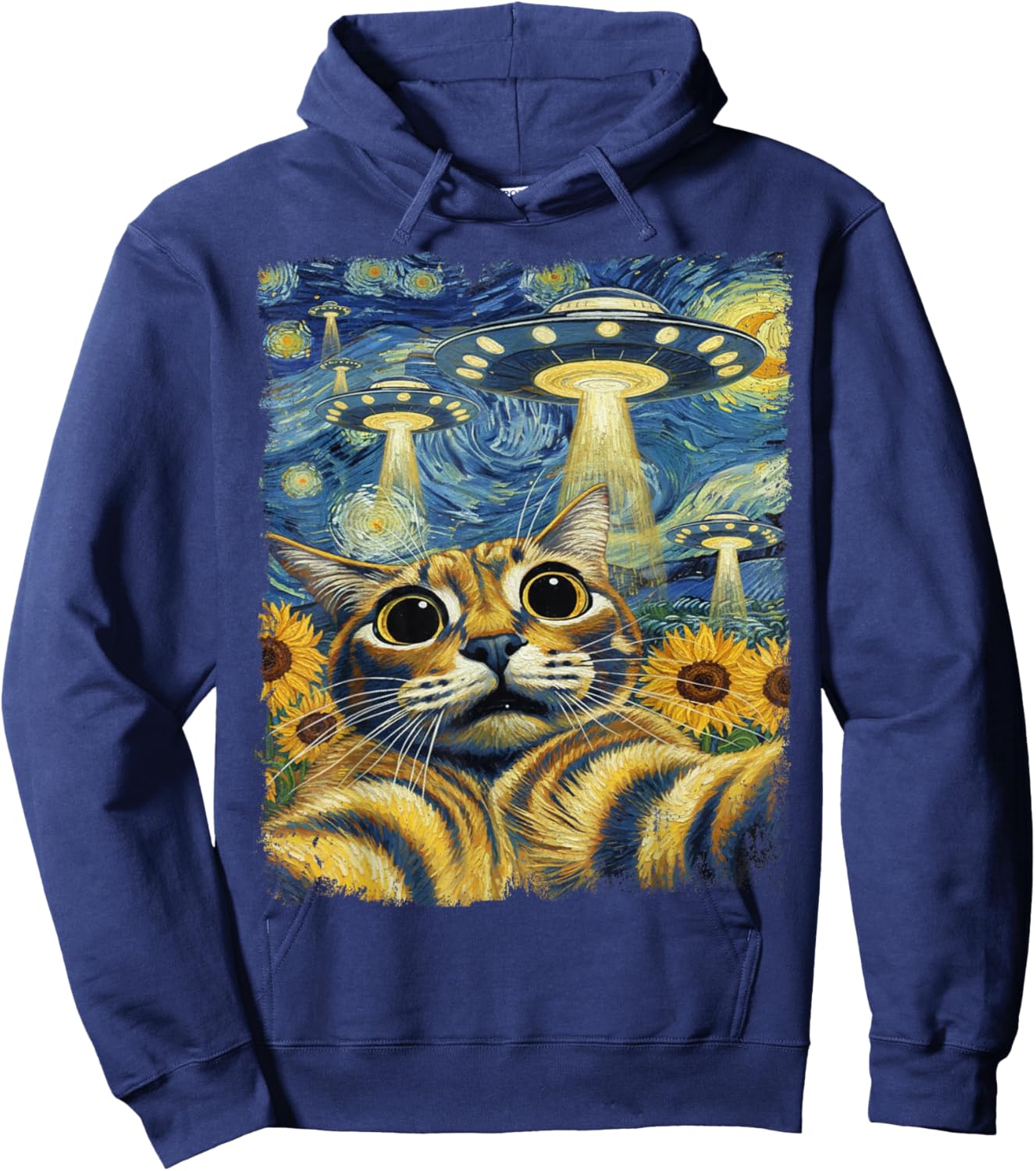 Cat Selfie with UFO Starry Night Van Gogh Cat Men Women Kids Hoodie - Hoodie | Navy