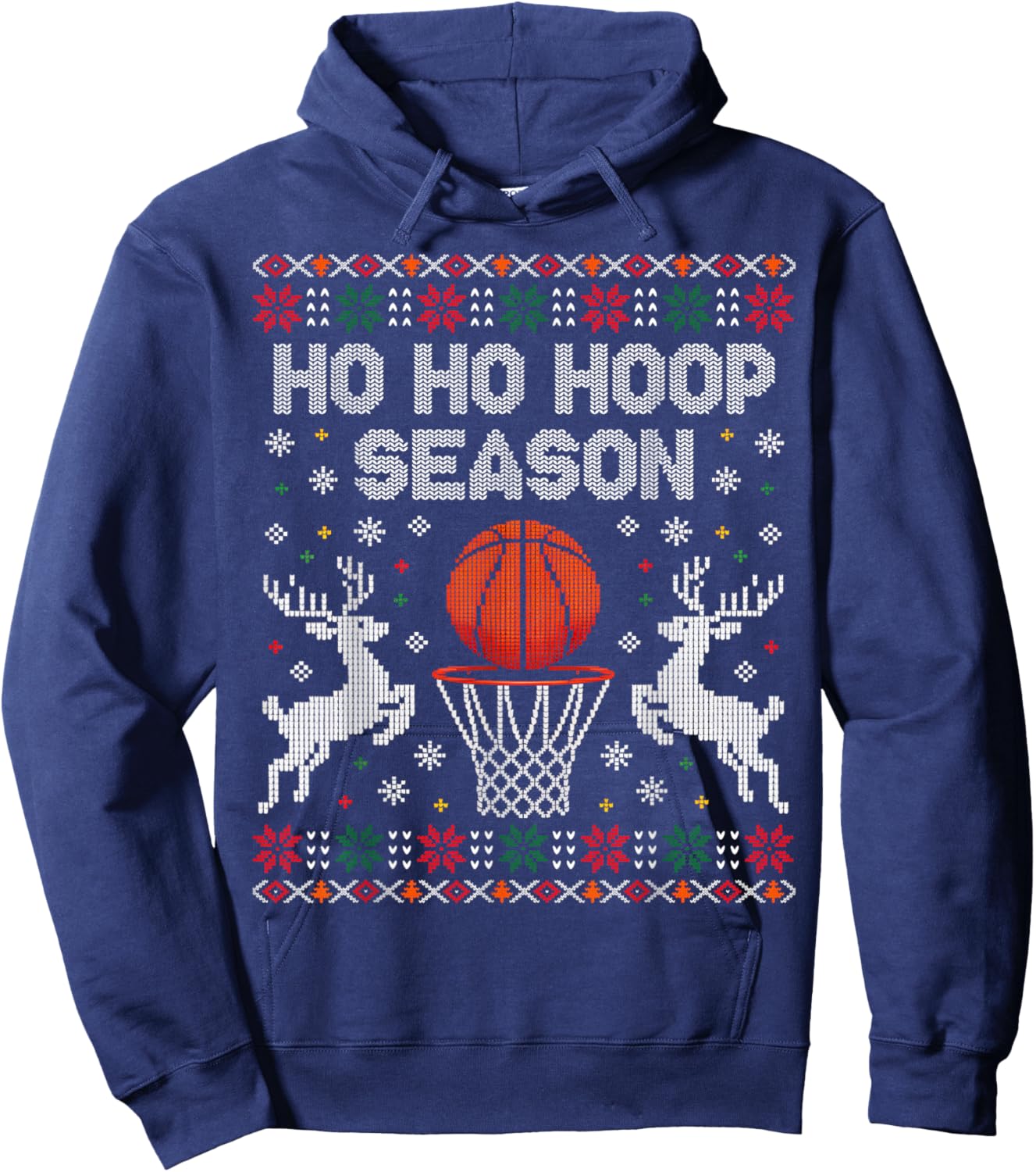 Basketball Christmas Ugly Sweater Ho Ho Hoop Season Dunk Hoodie - Hoodie | Navy