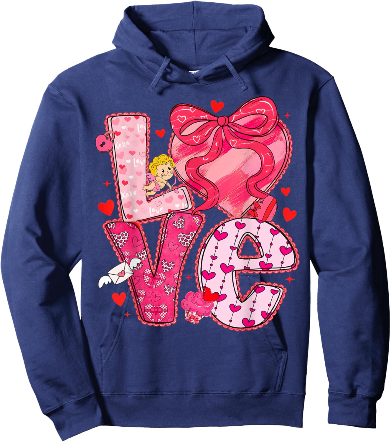 Valentine Love Heart Coquette Bow Cute Women Kids Girl Hoodie - Hoodie | Navy
