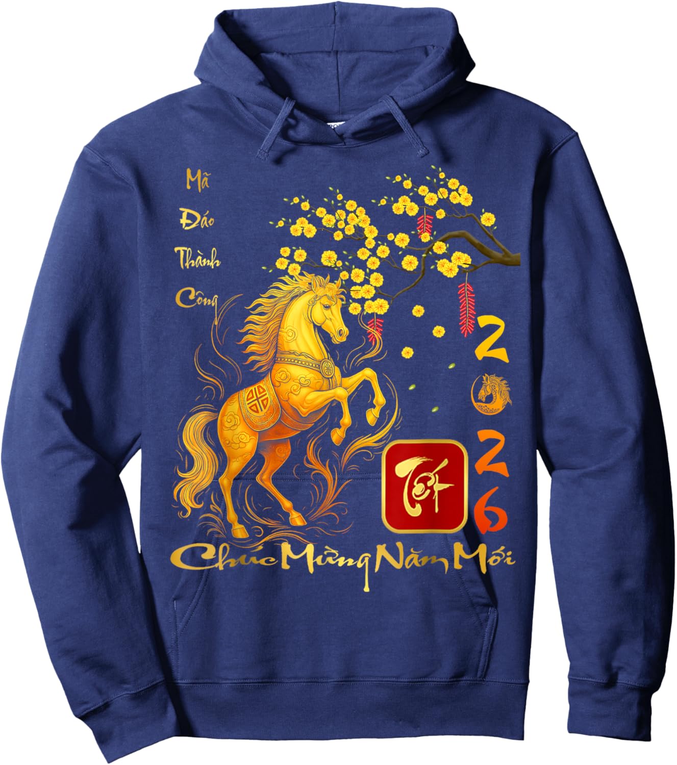 Peach Blossom Vietnamese Lunar New Year Horse 2026 Chinese Hoodie - Hoodie | Navy