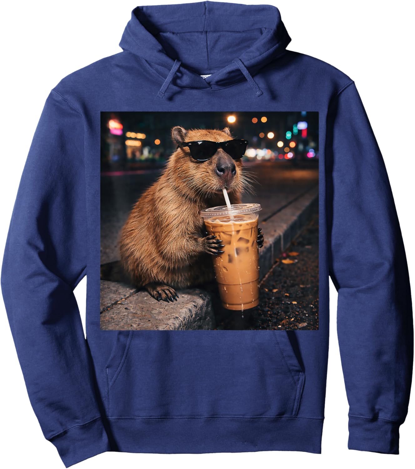Funny Capybara Drinking Iced Coffee Lover Animal Meme Hoodie - Hoodie | Navy
