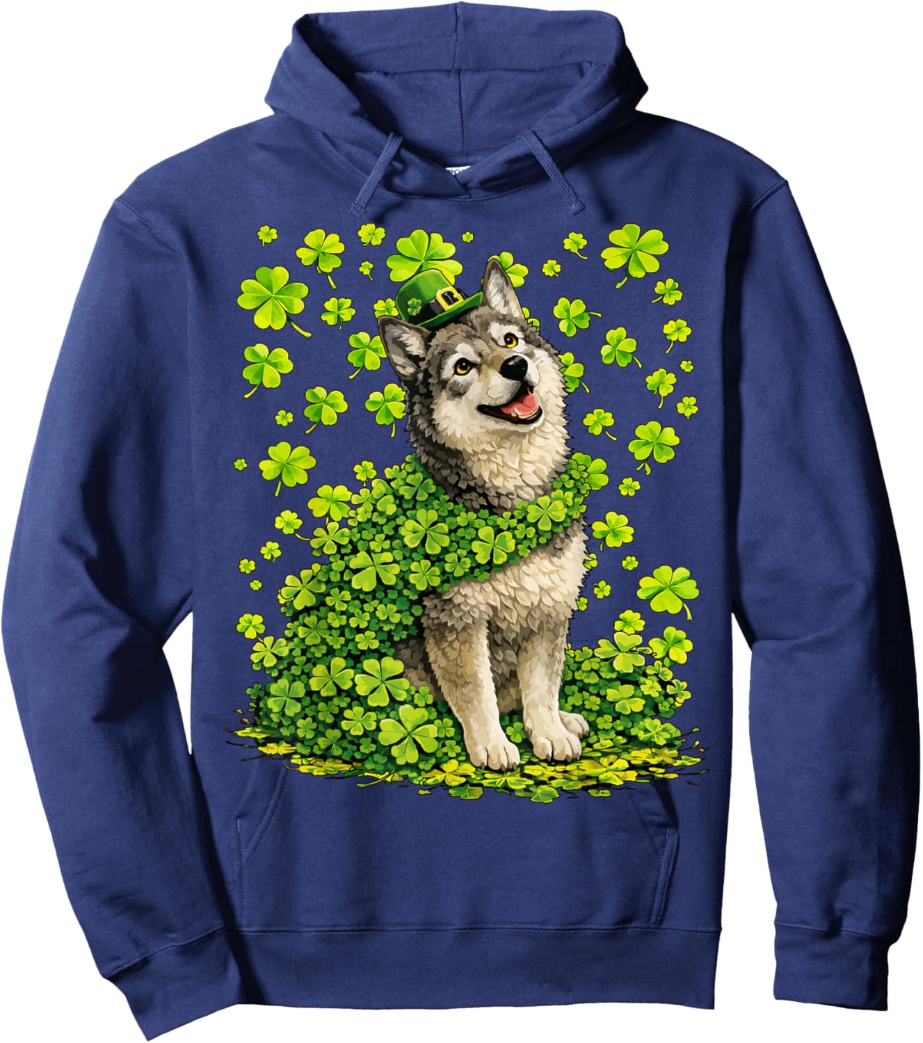 Lucky Wolf with Shamrocks Clovers St Patricks Day Animal Hoodie - Hoodie | Navy