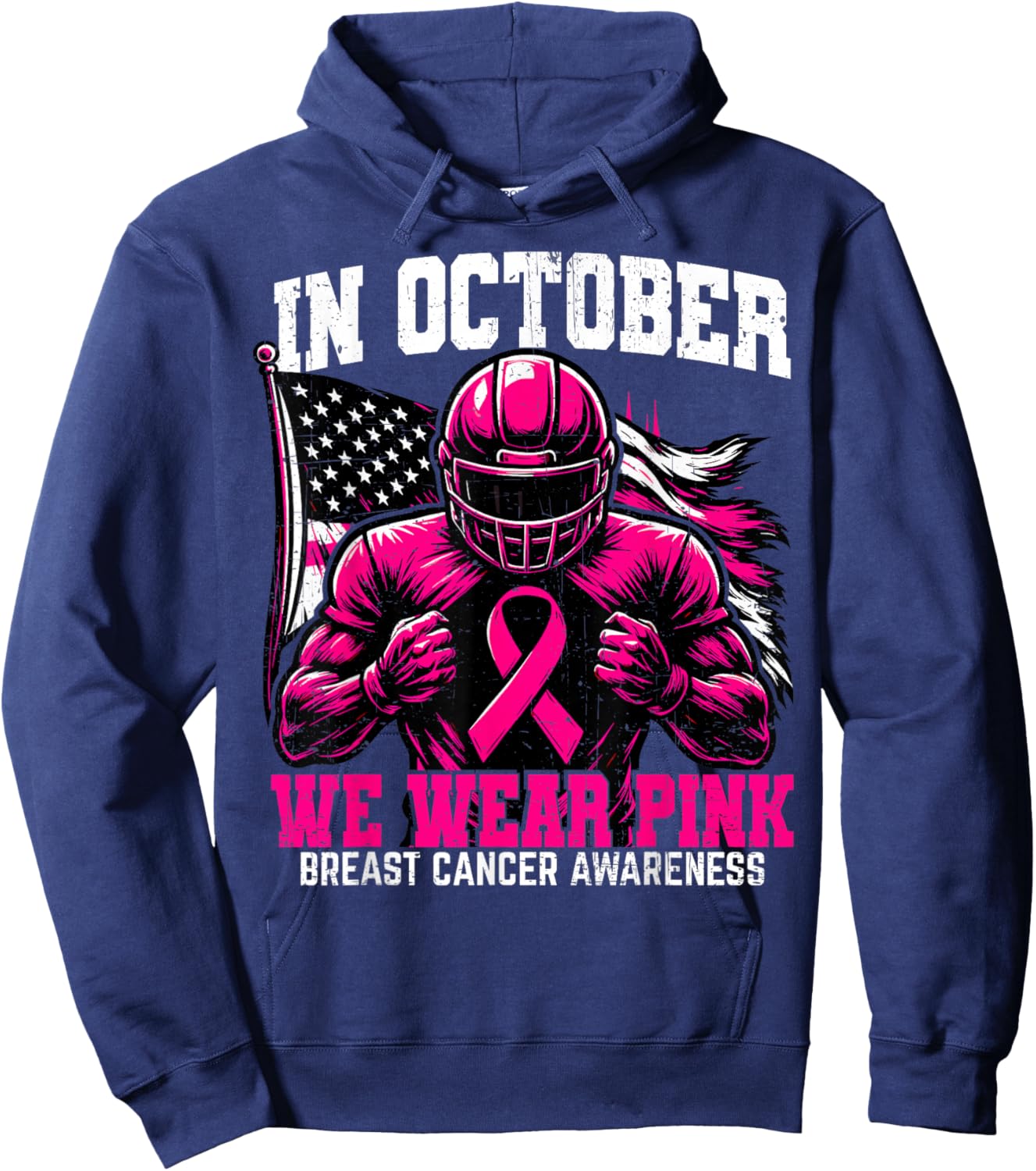 in October we Wear Pink USA Flag Breast Cancer Awareness Hoodie - Hoodie | Navy