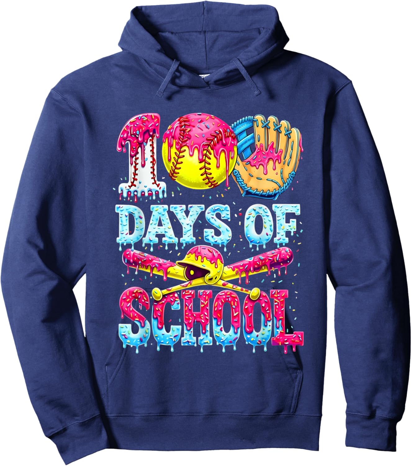 100 Days of School Softball Ice Cream Dripping Pattern Hoodie - Hoodie | Navy