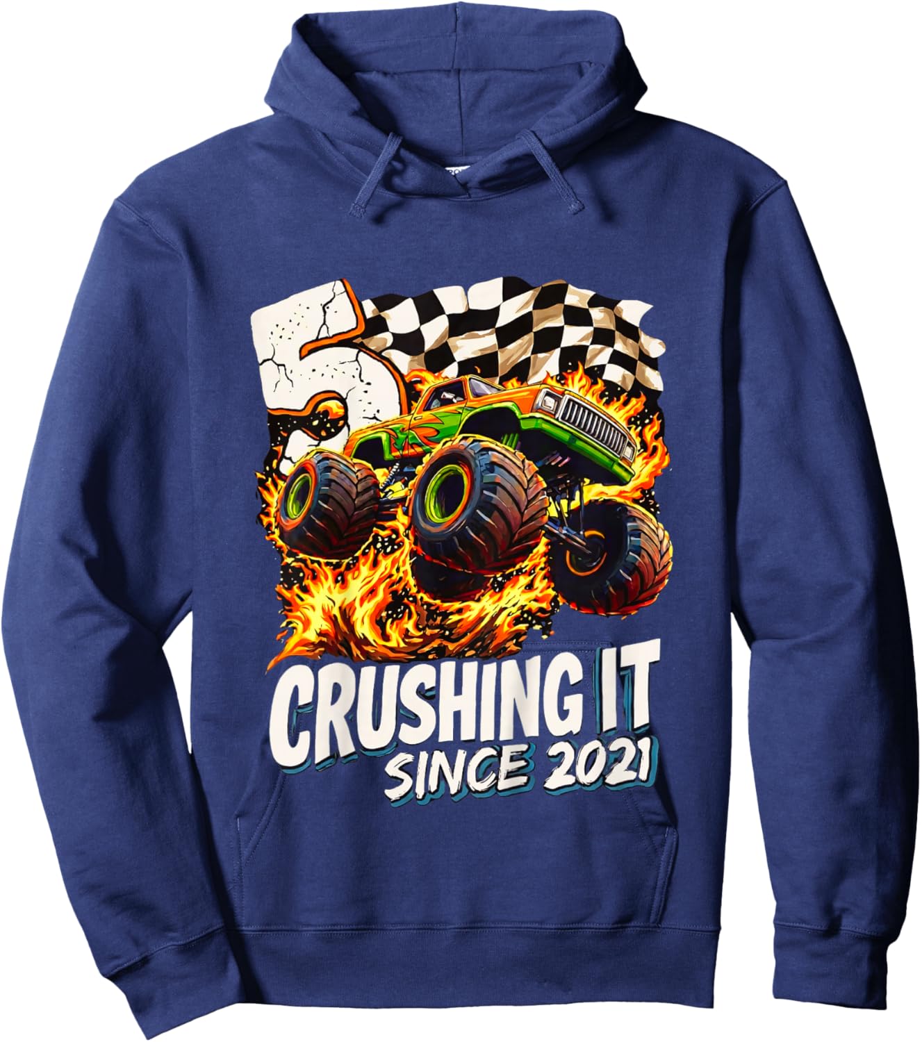 Kids Birthday Monster Truck Boys 5 Crushing It Since 2021 Kids Hoodie - Hoodie | Navy