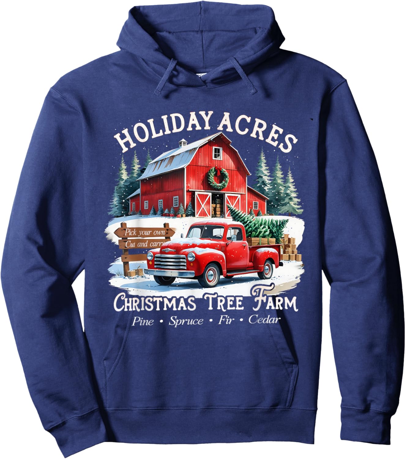 Vintage Red Truck Holiday Acres Christmas Tree Farm Hoodie - Hoodie | Navy
