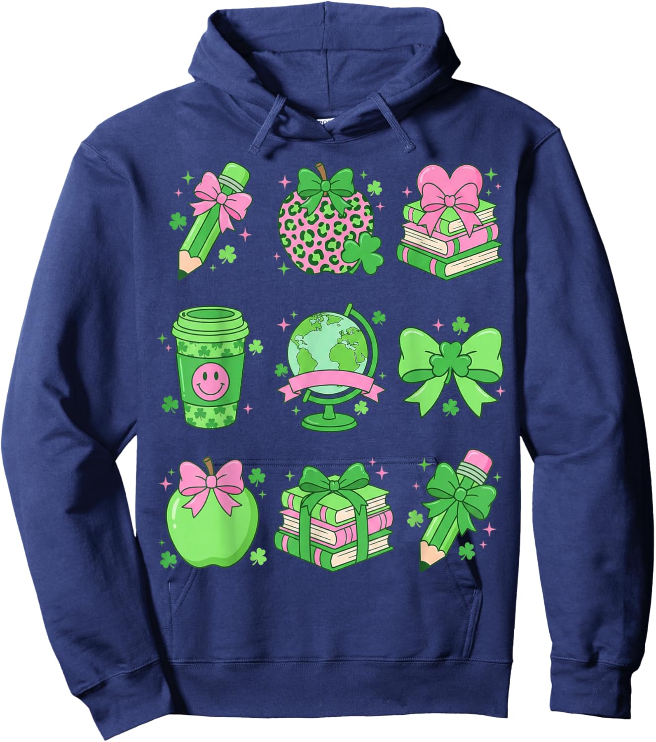 St Patrick's Day Lucky Teacher Shamrock Coquette Bow Pencil Hoodie - Hoodie | Navy