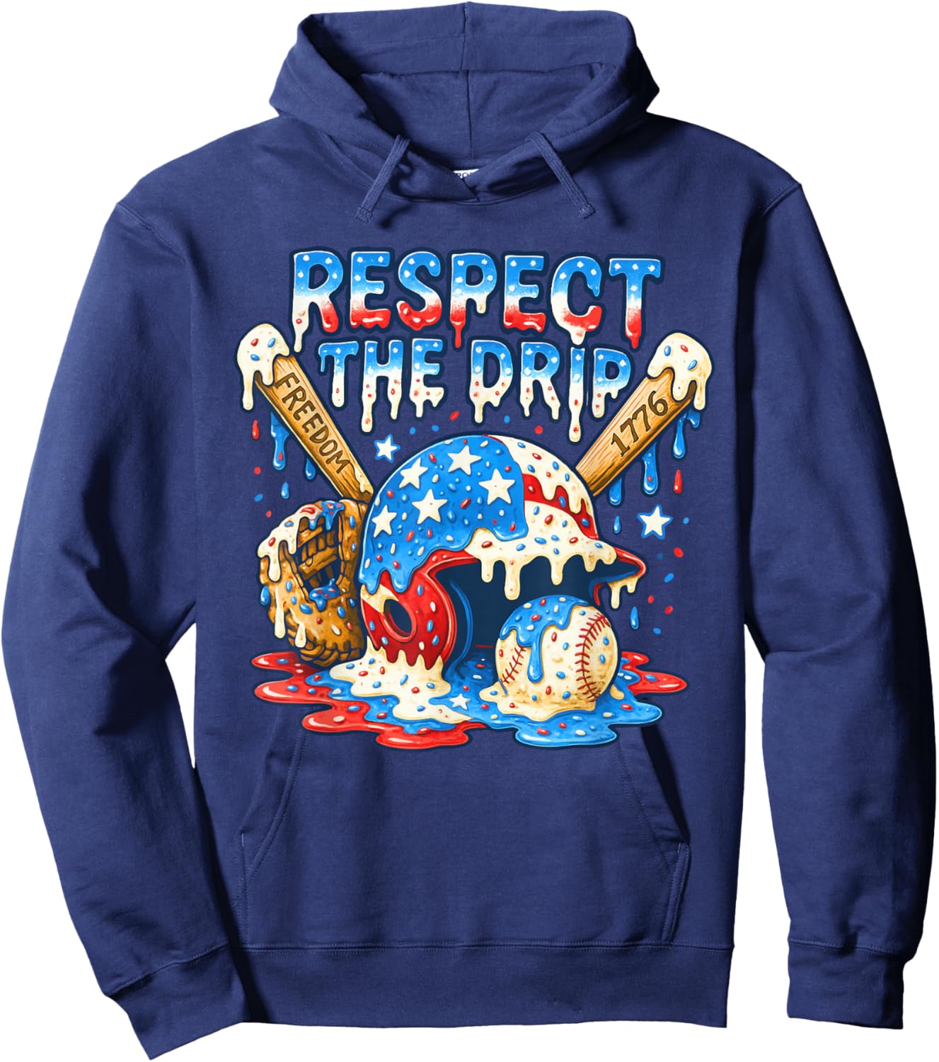 Funny Respect The Drip Baseball Ice Cream Drip 4th of July Hoodie - Hoodie | Navy
