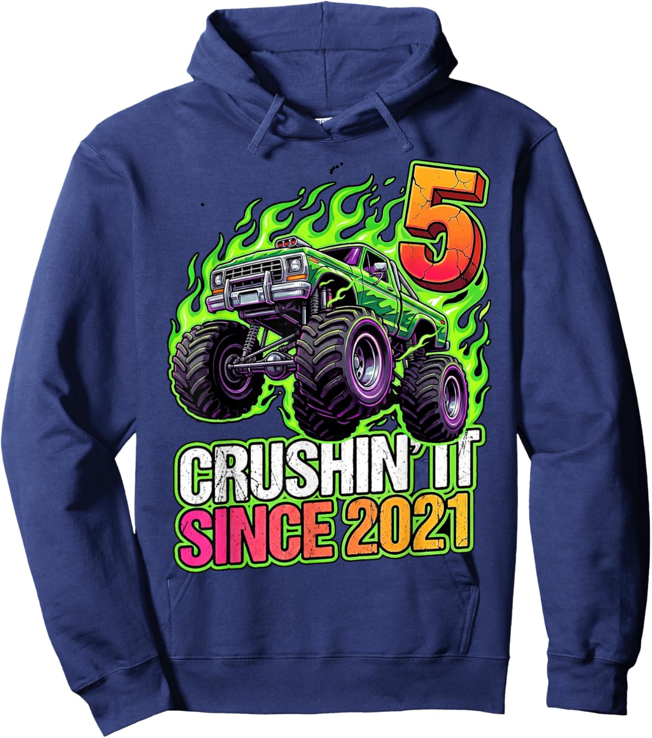 Birthday Monster Truck 5 Year Old Boys 5th Party Born 2021 Hoodie - Hoodie | Navy