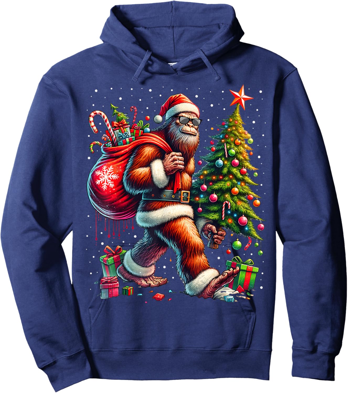 Santa Bigfoot Christmas Tree Xmas Lights Funny Sasquatch Hoodie - Hoodie | Navy