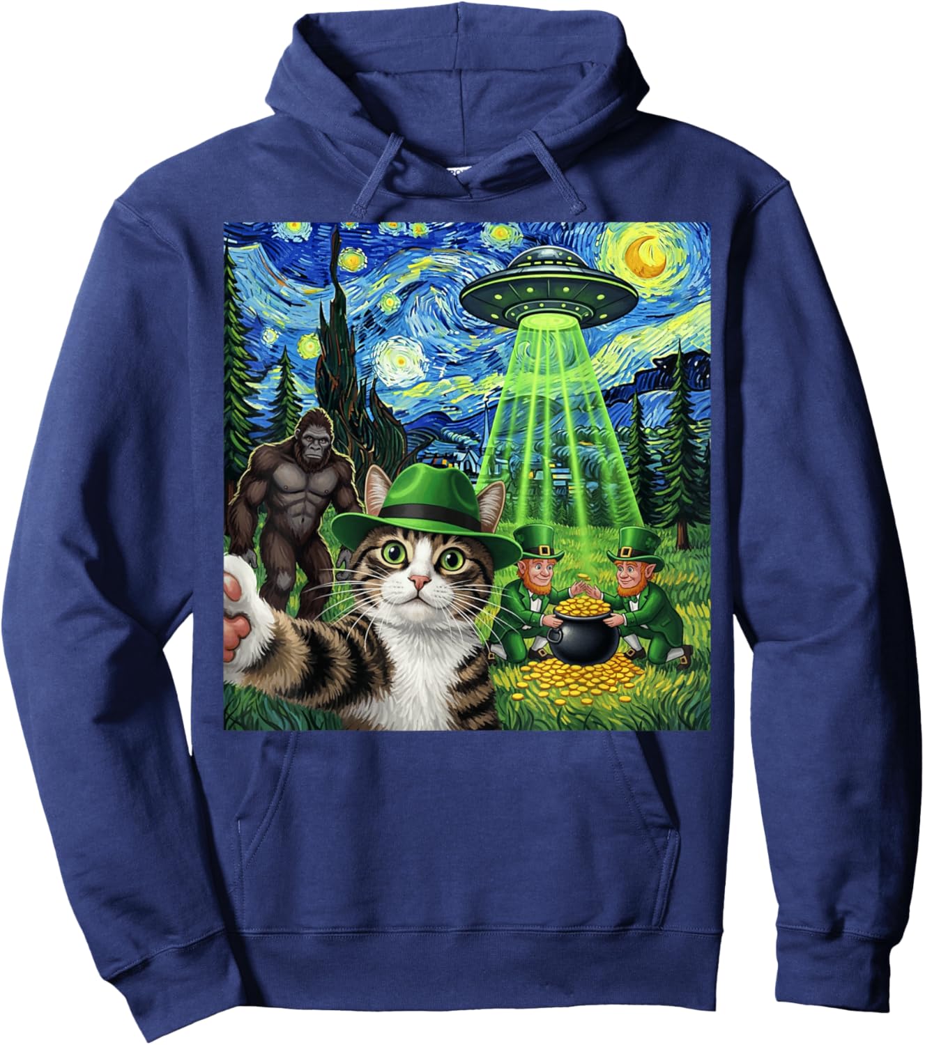 St Patricks Day Bigfoot Leprechaun Cat UFO Funny Scene Hoodie - Hoodie | Navy