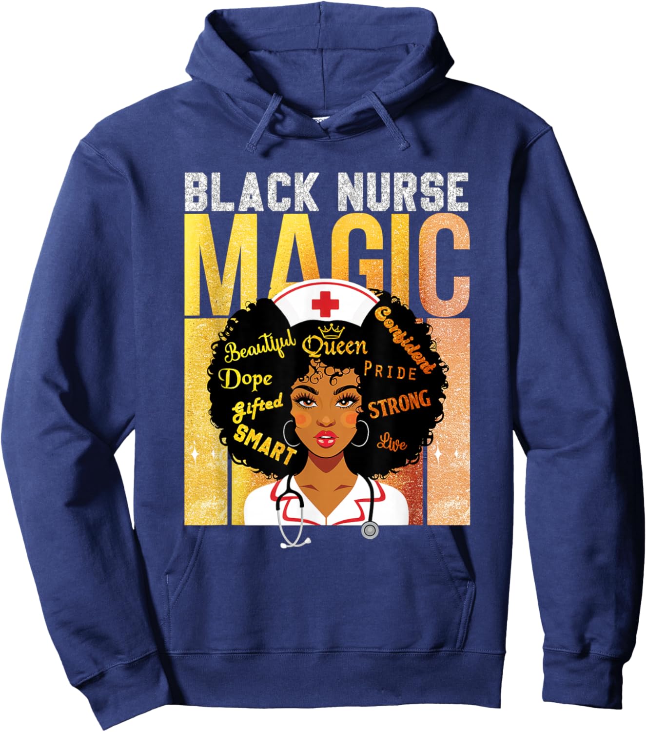 Black Nurse Magic Pride Afro Queen BHM Shirt Nursing Hoodie - Hoodie | Navy