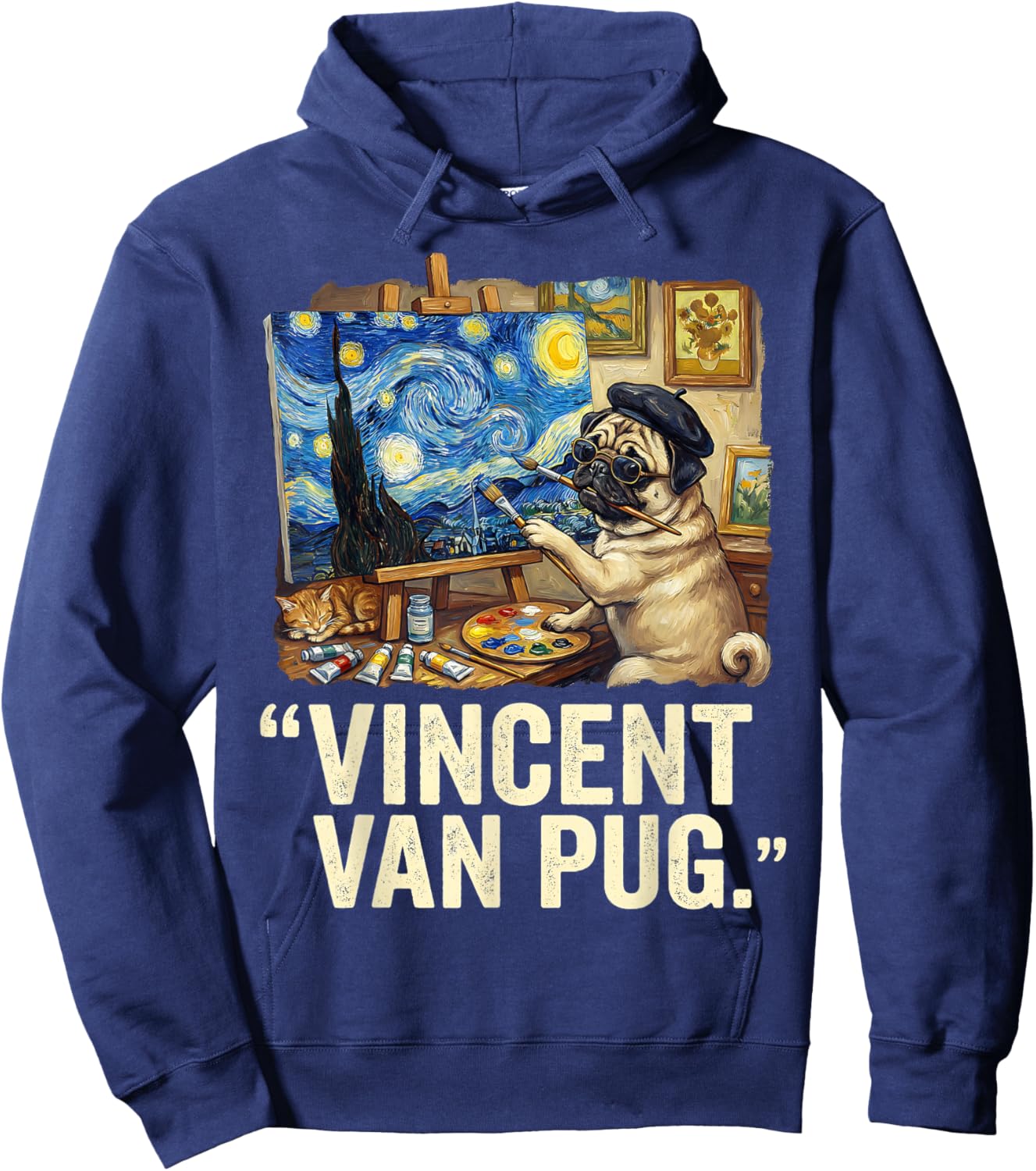Starry Night Dog Van Gogh Pug Lovers Vincent Van Pug Hoodie - Hoodie | Navy