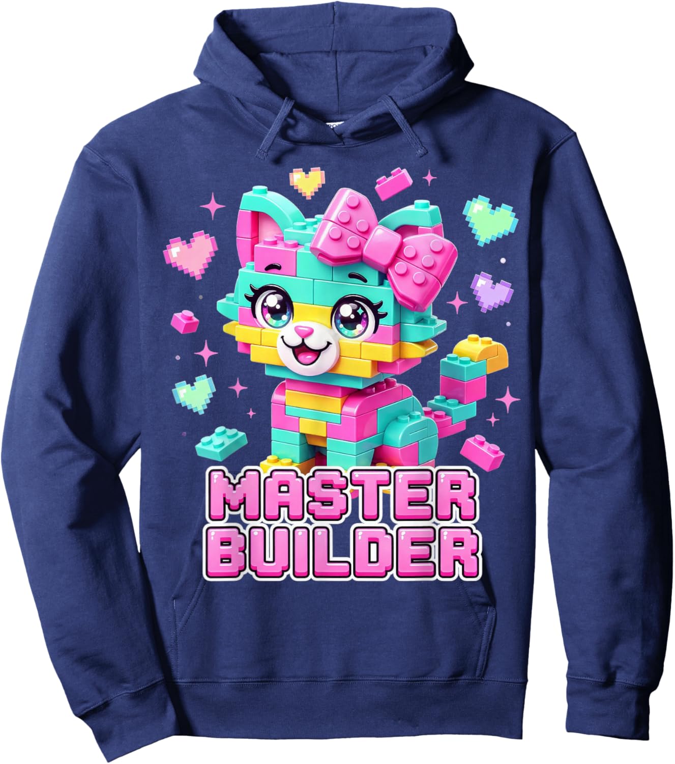 Master Builder Kids Girls Building Bricks Cat Lover Kitten Hoodie - Hoodie | Navy
