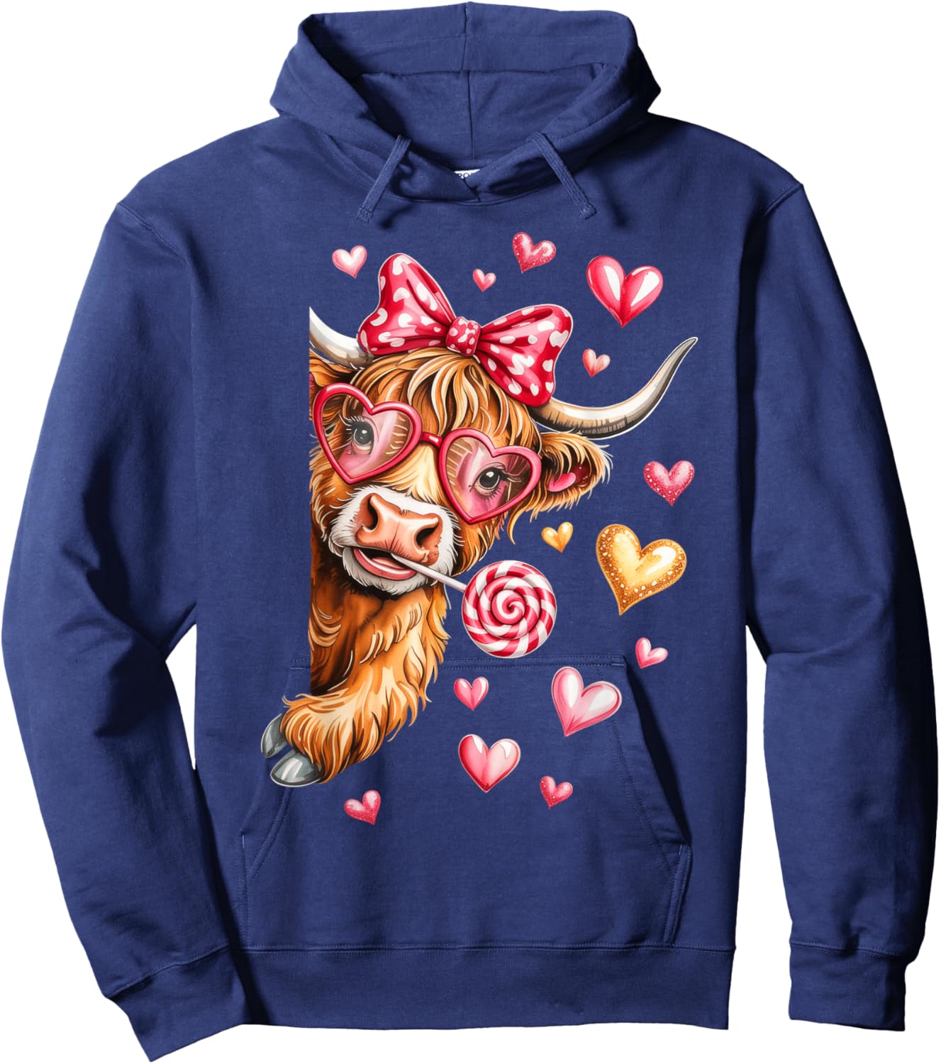 Valentine Highland Cow, Valentine Coquette Hoodie - Hoodie | Navy