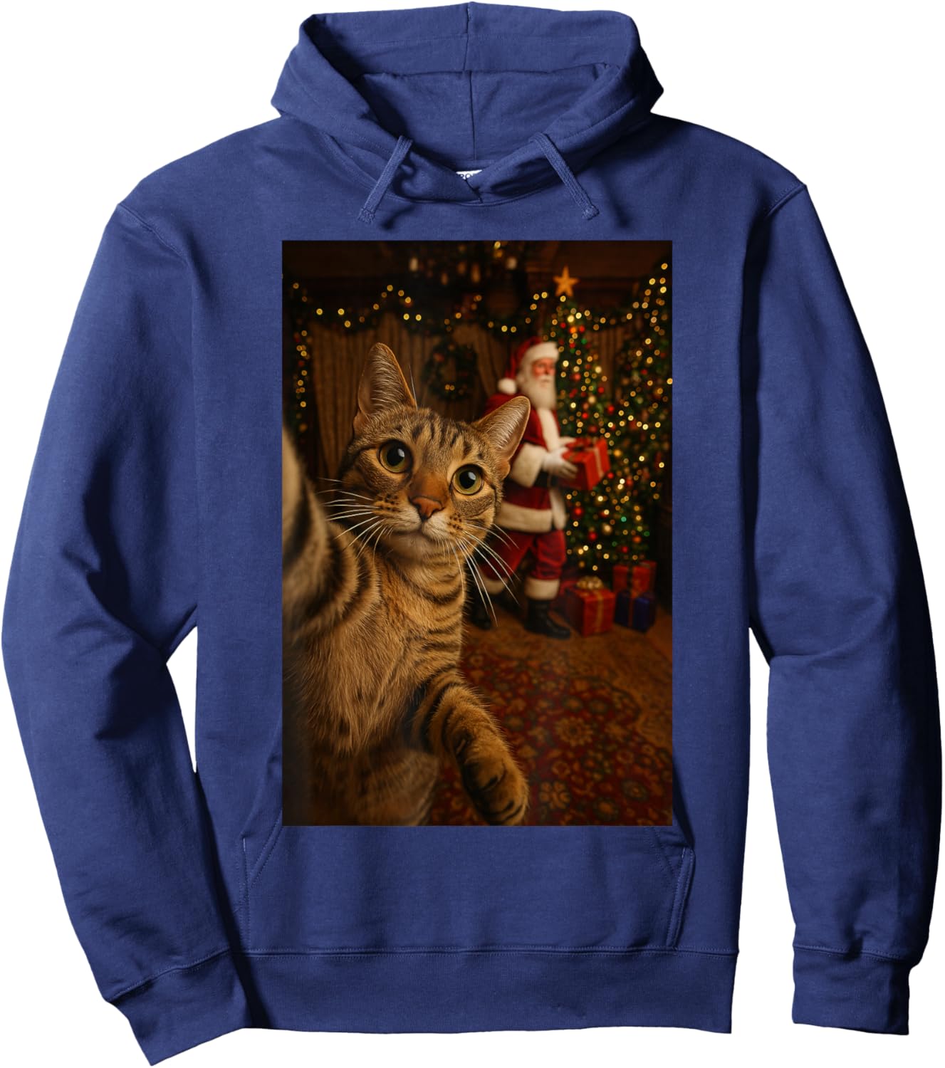 Santa Cat Christmas Tree Shirt, Funny Christmas Cat Selfie Hoodie - Hoodie | Navy