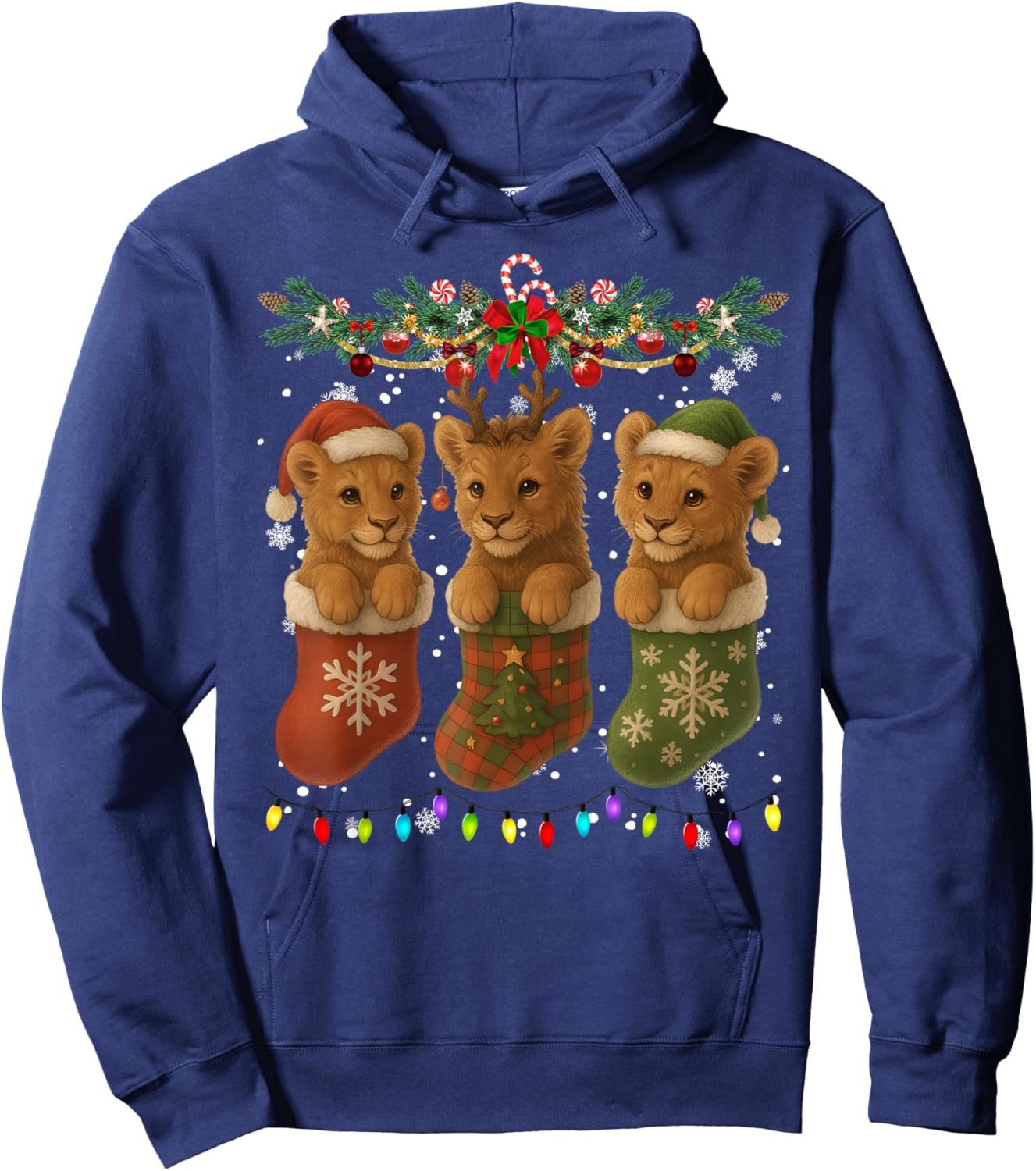 Lion in Christmas Socks Lights Lion Xmas Hoodie - Hoodie | Navy