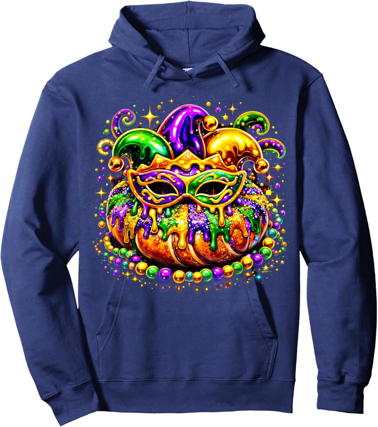 King Cake Golden Beads Mask Feathers Mardi Gras 2026 Hoodie - Hoodie | Navy