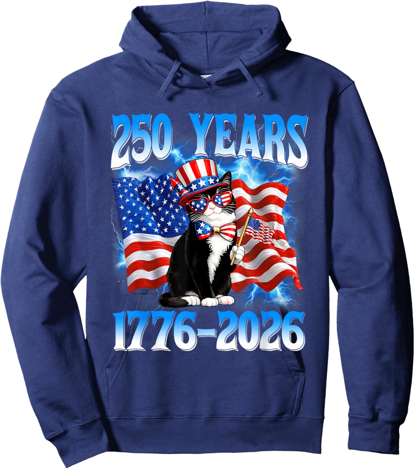 250 Years 1776 2026 250th USA Cat American Flag 4th of July Hoodie - Hoodie | Navy
