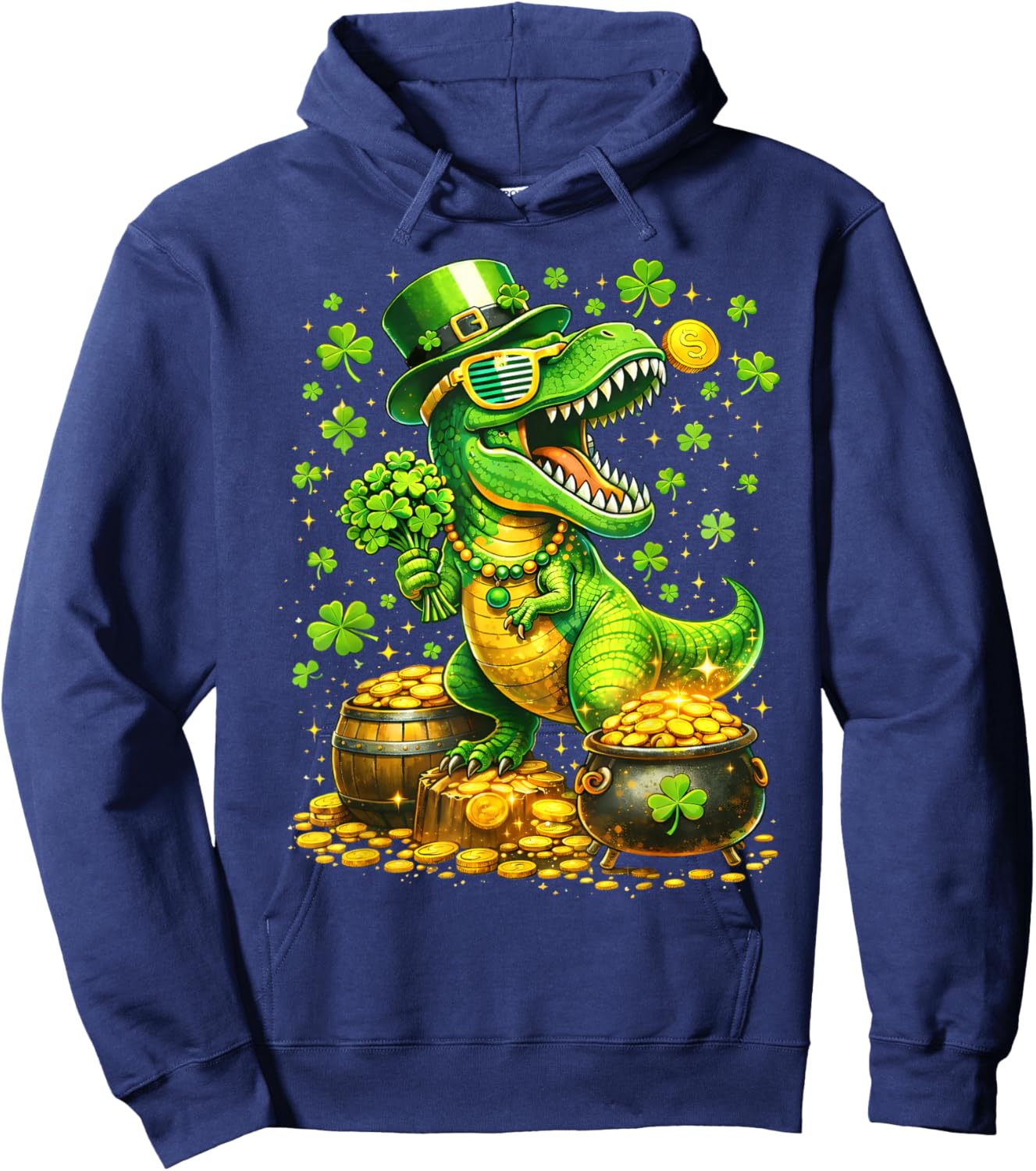 St Patricks Day Dinosaur T Rex Shamrock Kids Boys Hoodie - Hoodie | Navy