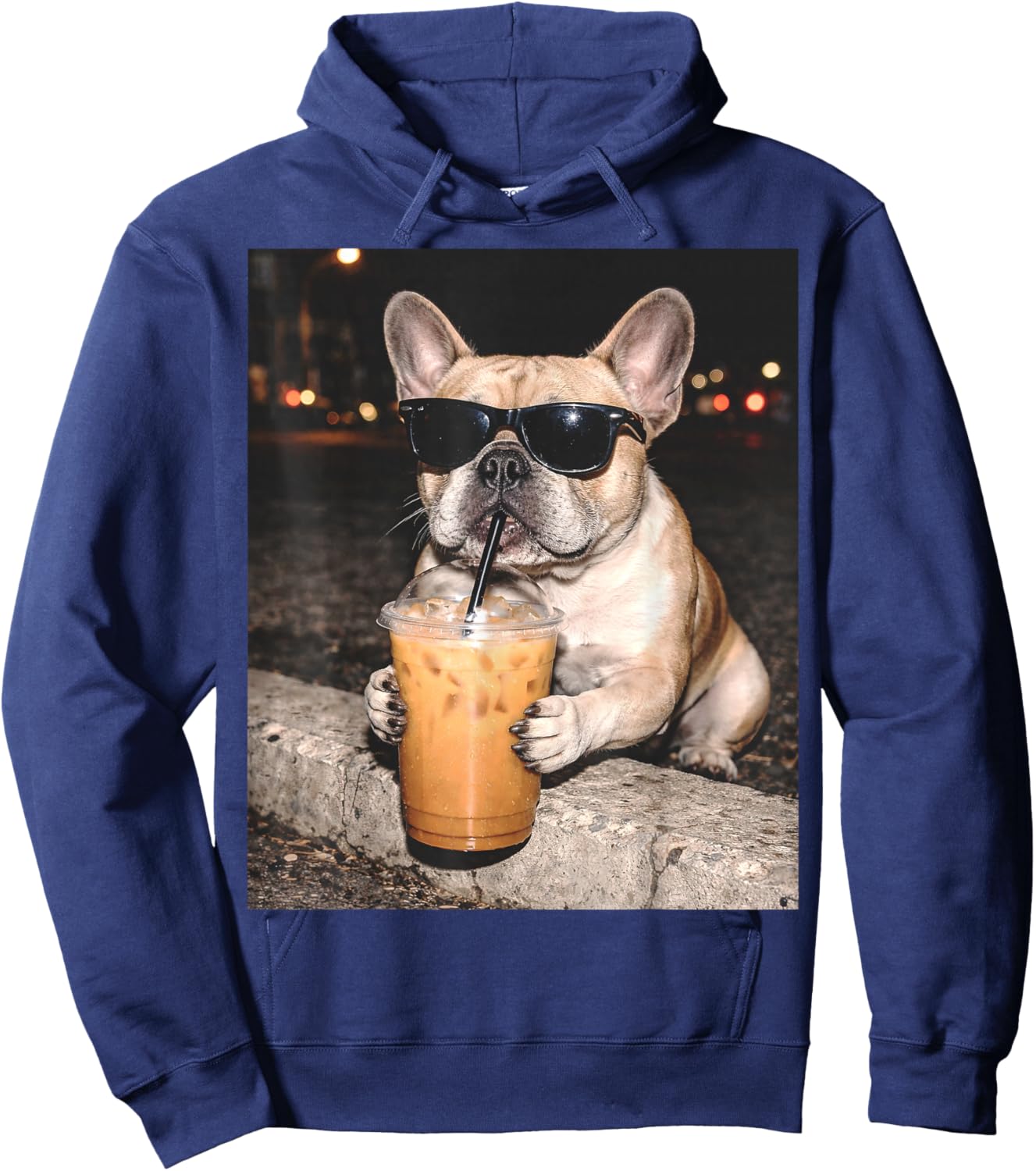 French Bulldog Drinking Iced Coffee Funny Animal Hoodie - Hoodie | Navy