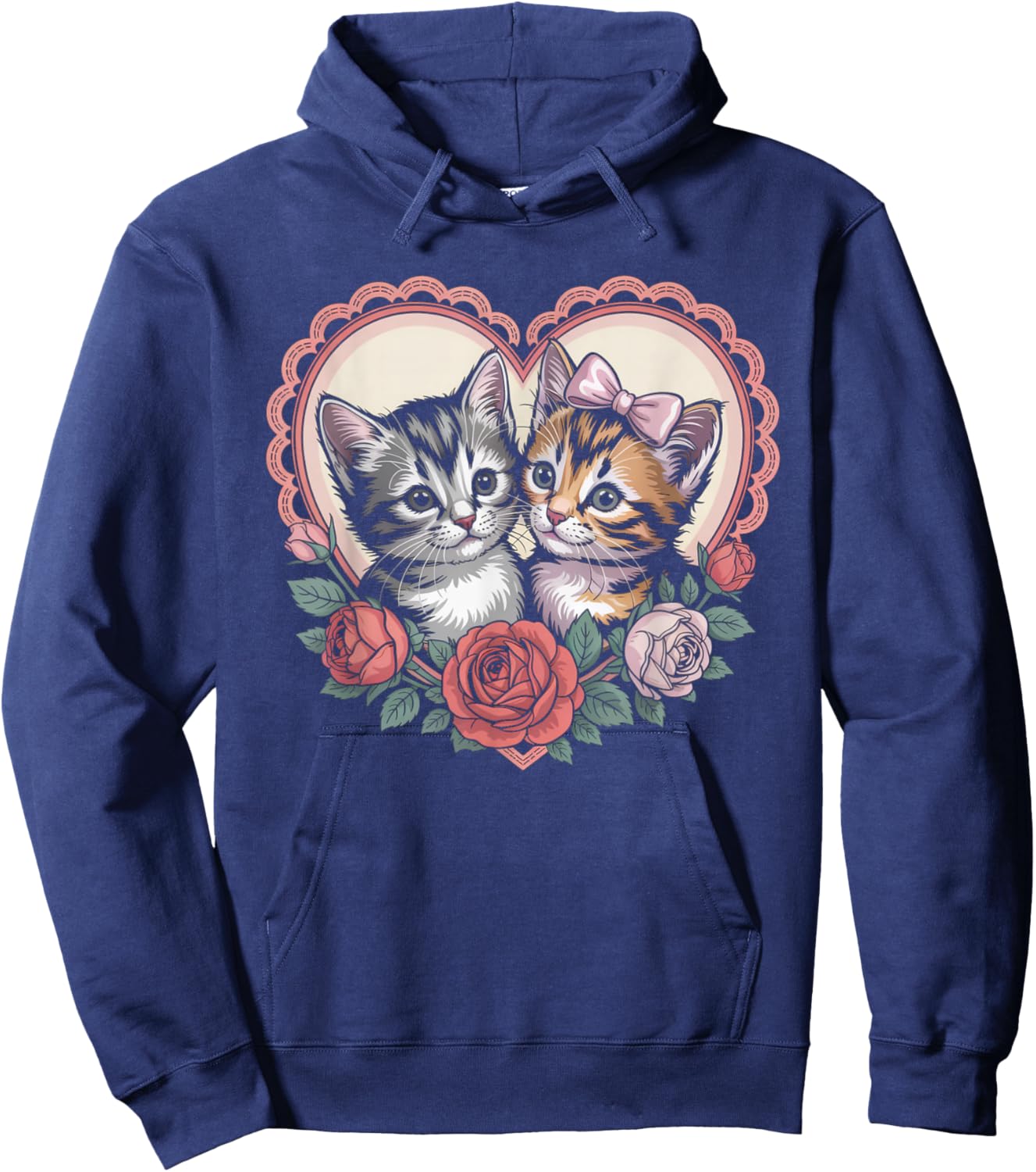 Cute Kittens in Heart with Roses Romantic Cat Hoodie - Hoodie | Navy