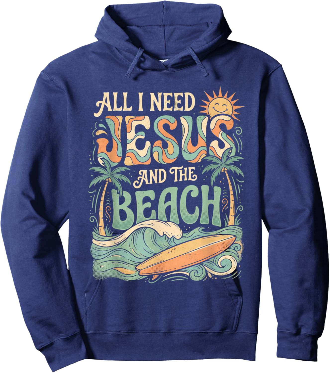 All I Need Jesus and The Beach Retro Surfer Christian Hoodie - Hoodie | Navy