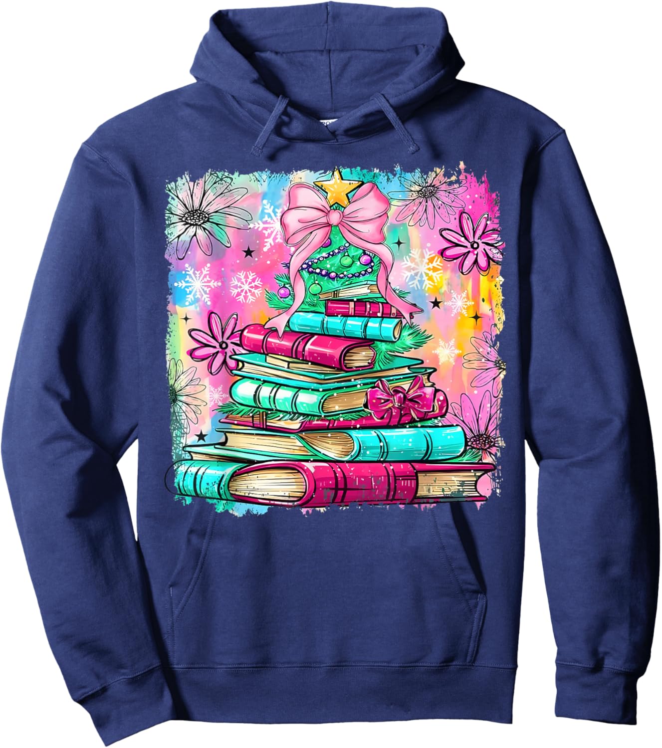 Book Christmas Tree Lights Teacher Librarian Book Lovers Hoodie - Hoodie | Navy