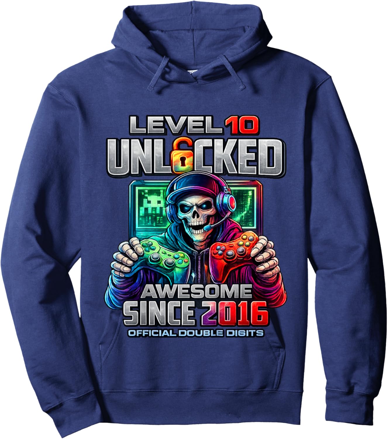 Kids Level 10 Unlocked Awesome Since 2016 10th Birthday Gaming Hoodie - Hoodie | Navy