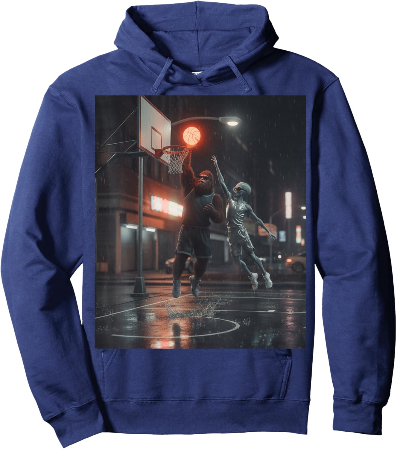 Bigfoot and Alien Basketball. UFO Bigfoot Cryptid Sports Hoodie - Hoodie | Navy