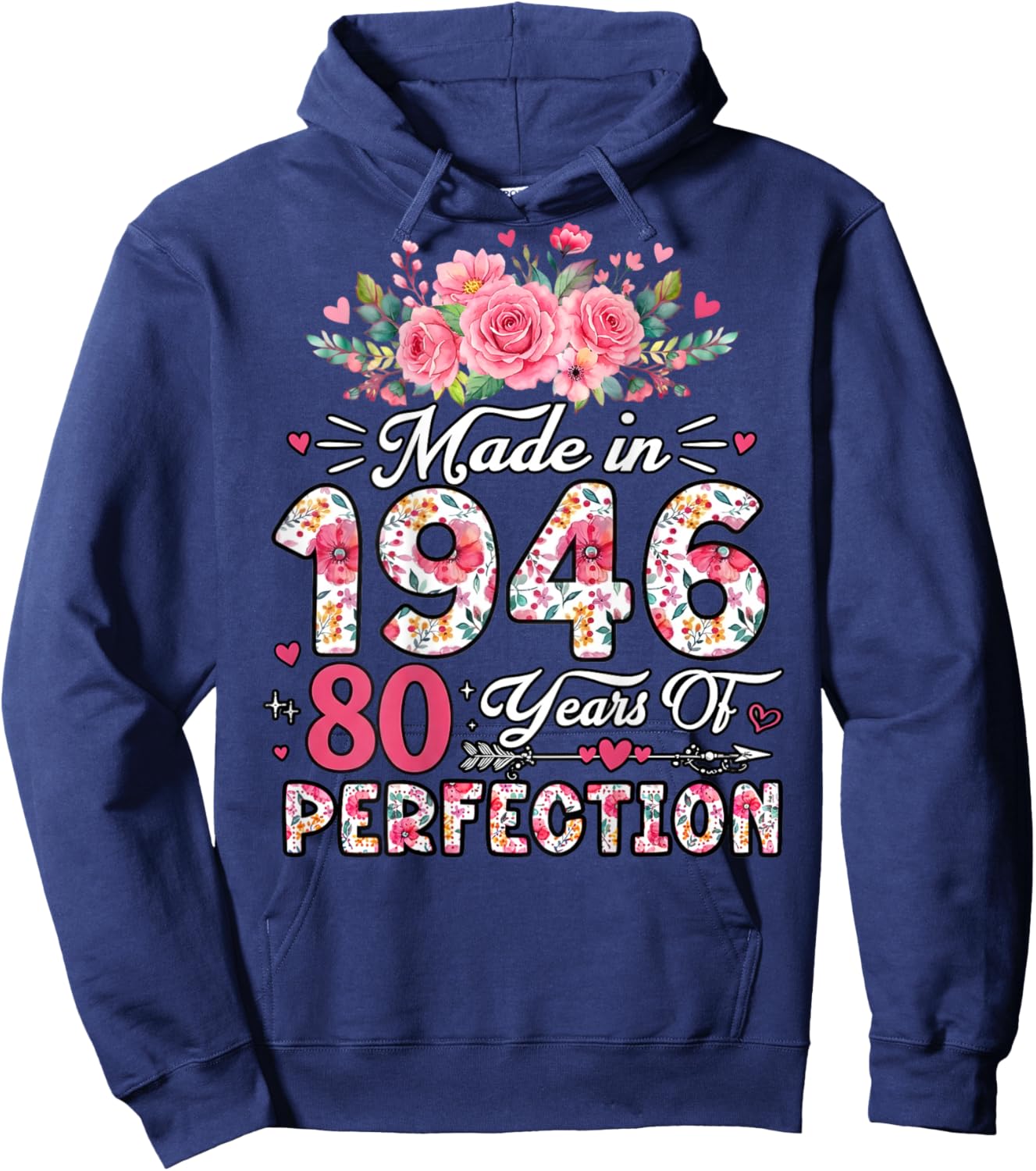 (ON Back) 80 Birthday Decorations Women 80th Birthday Floral Hoodie - Hoodie | Navy