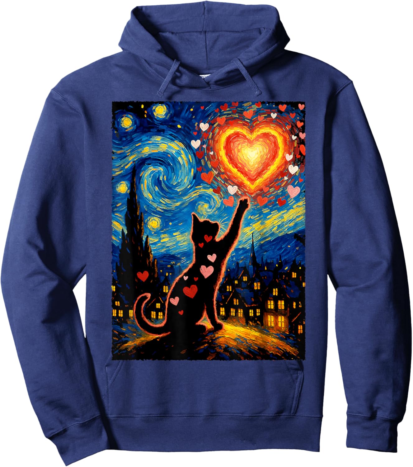 Romantic Cat Van Gogh Starry Night Valentine Art Lovers Hoodie - Hoodie | Navy