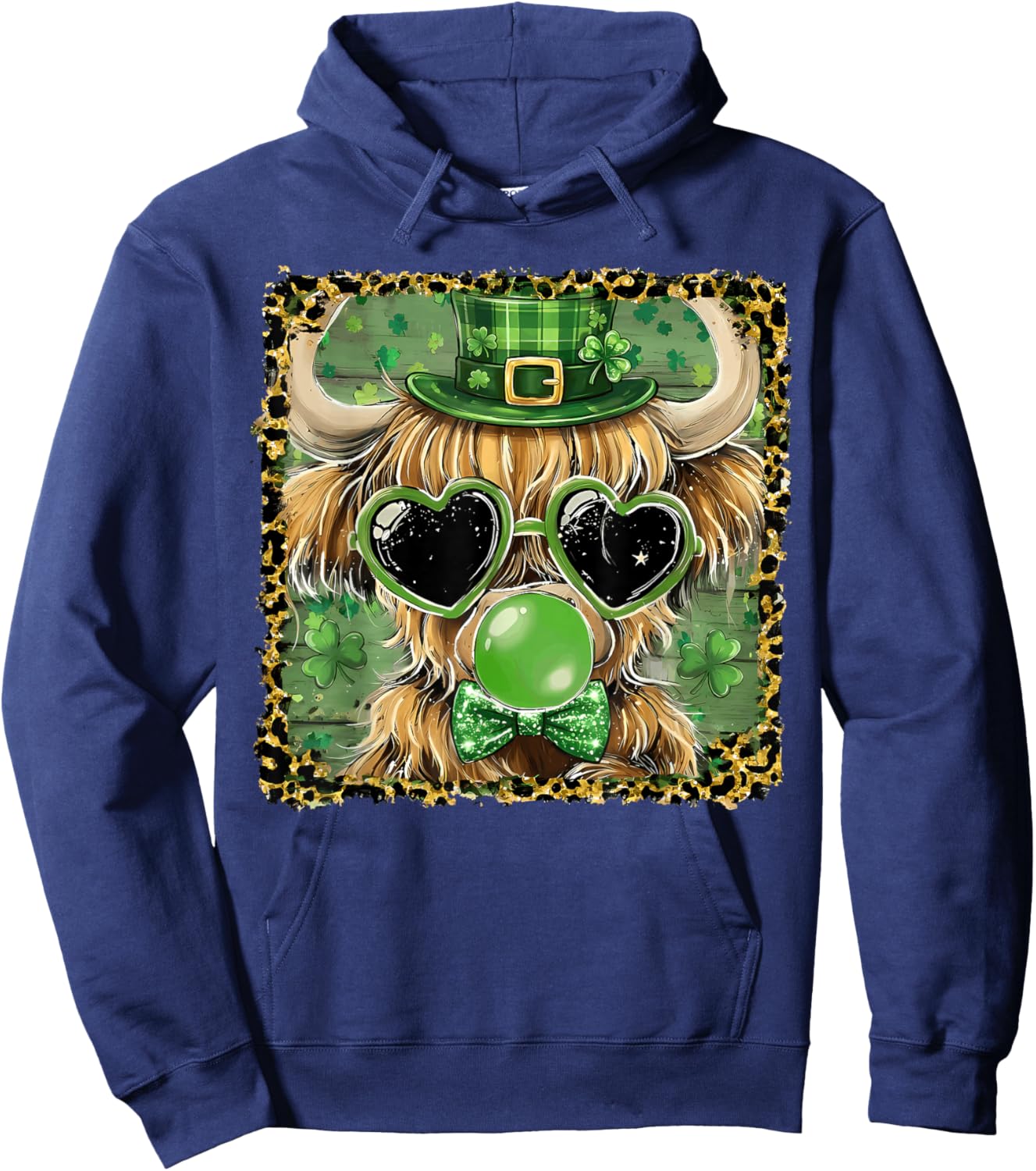 Leopard Lucky Highland Cow Heart Glasses St Patricks Day Hoodie - Hoodie | Navy