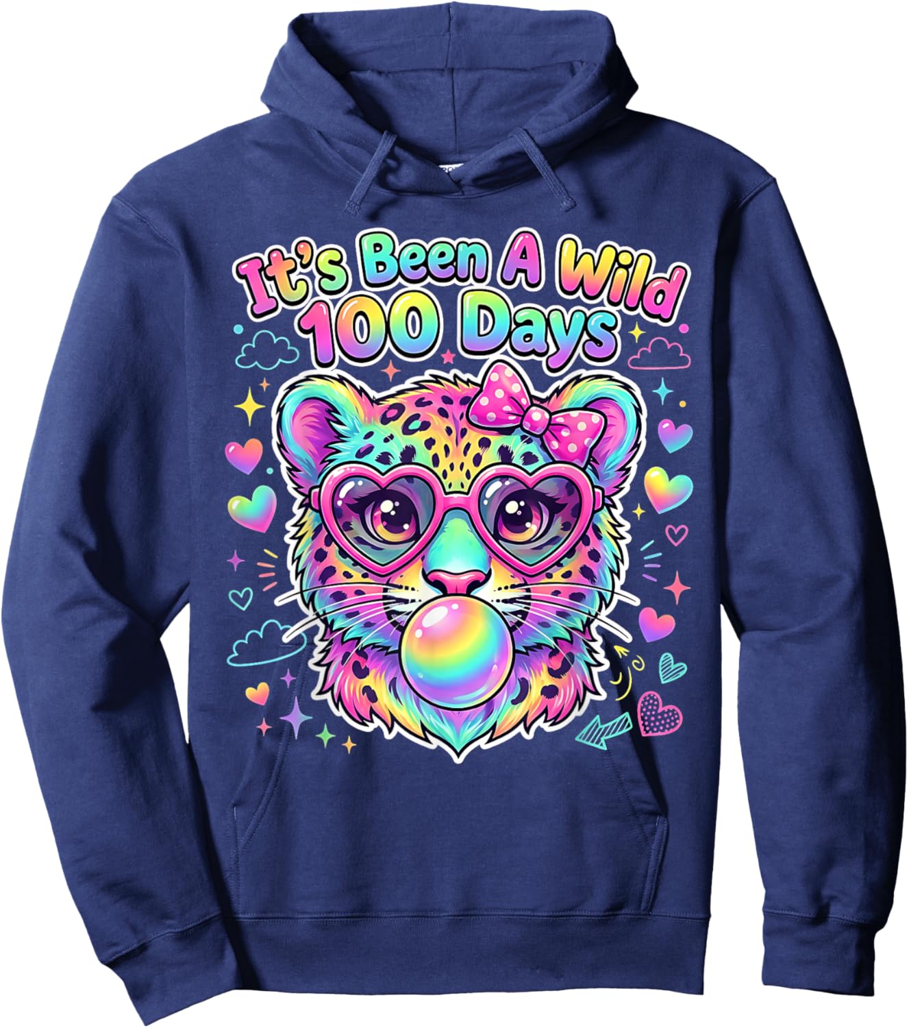 100th Day of School Leopard Bubble Gum Glasses Students Kids Hoodie - Hoodie | Navy