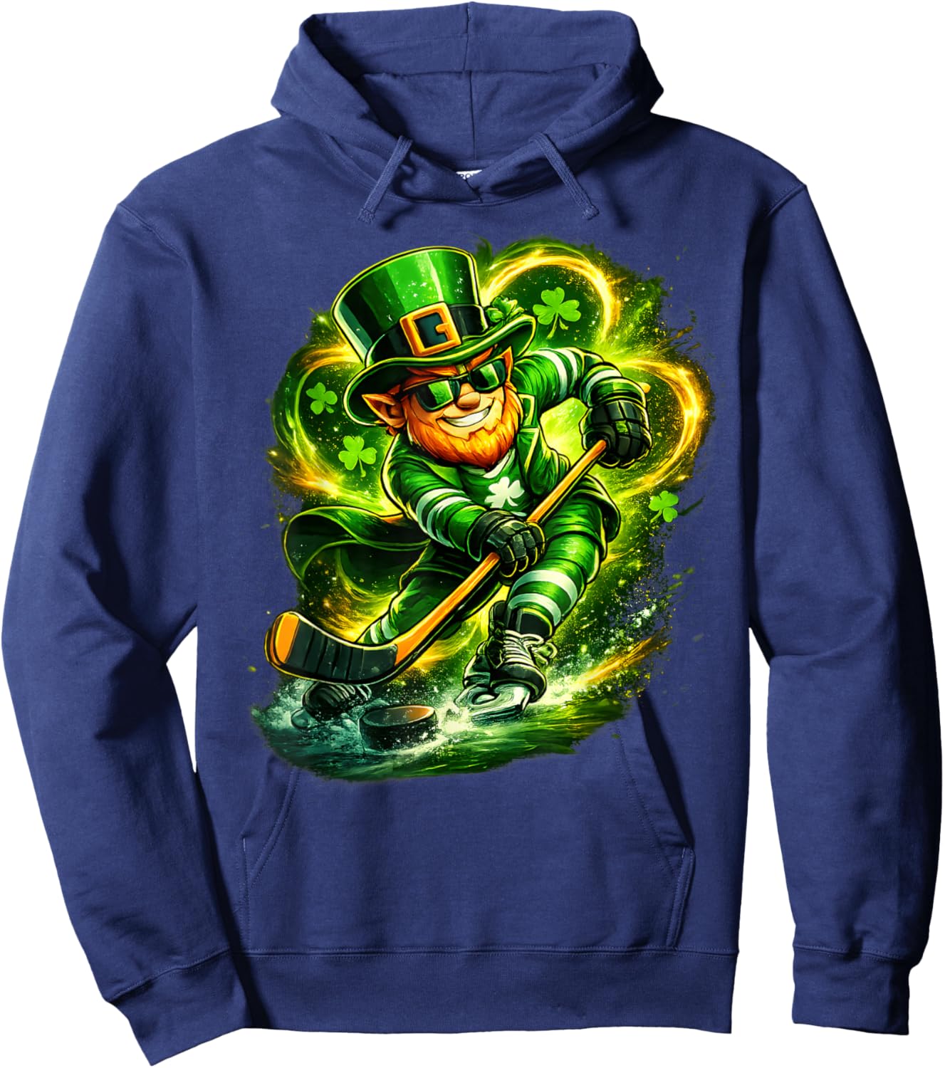 St Patricks Day Leprechaun Playing Hockey Sport Men Boys Hoodie - Hoodie | Navy