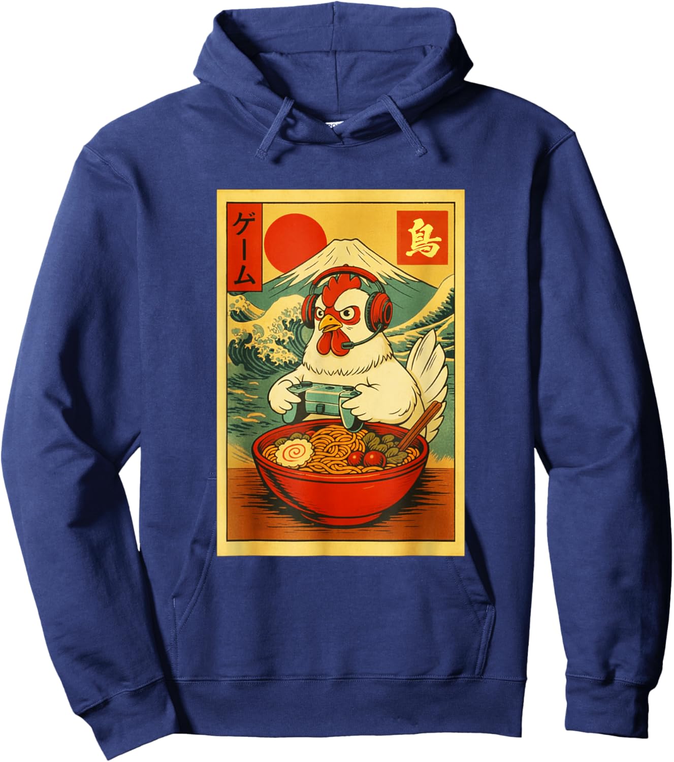 Chicken Gaming Ramen Japanese Ukiyo-e Great Wave Retro Art Hoodie - Hoodie | Navy