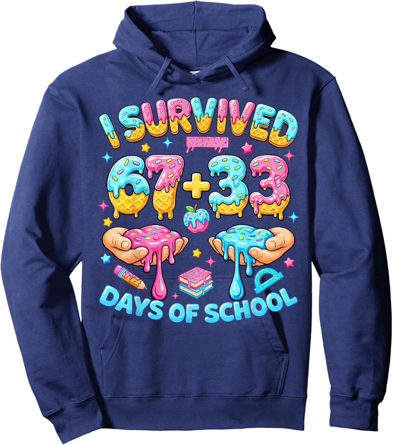I Survived 67+33 Days of School 100 Days Teachers Kids Boys Hoodie - Hoodie | Navy